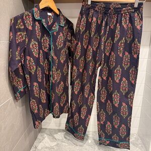 Floral Print Pajama Set - Navy and Pink